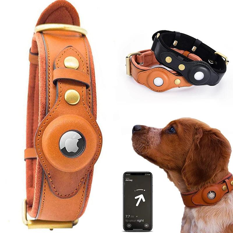 Heavy-duty leather dog collar with Airtag holder, displayed with a pet and a phone showing tracking app for ultimate pet safety.