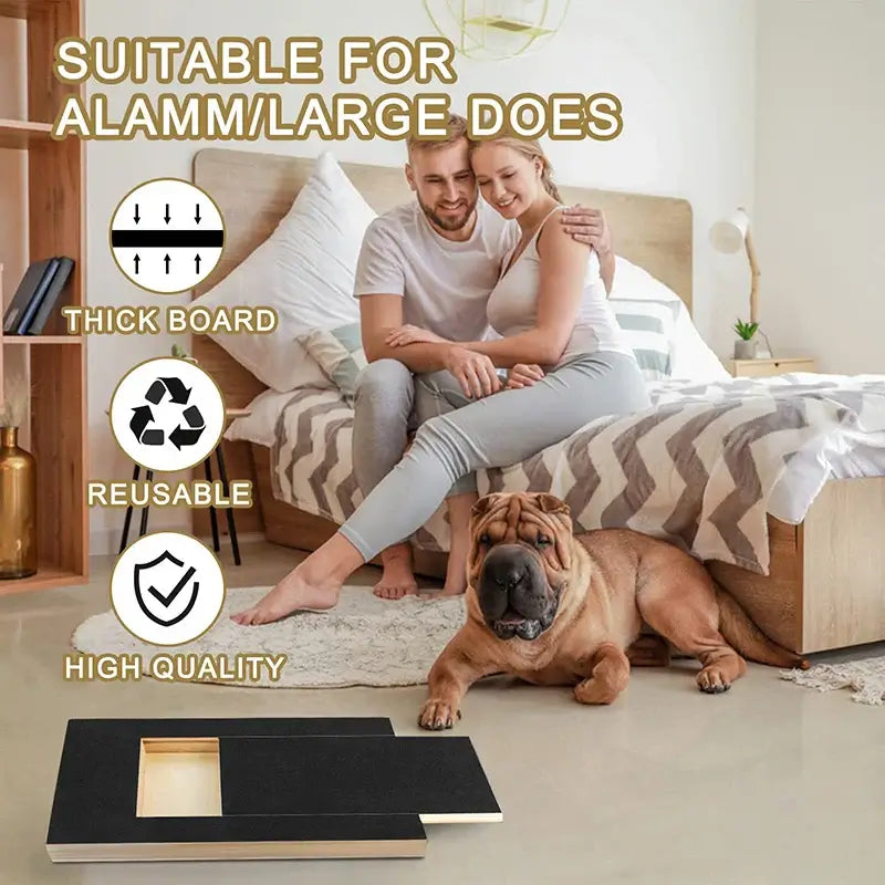 Family enjoying a thick, high-quality dog nail scratch board with their large dog at home, highlighting stress-free grooming.