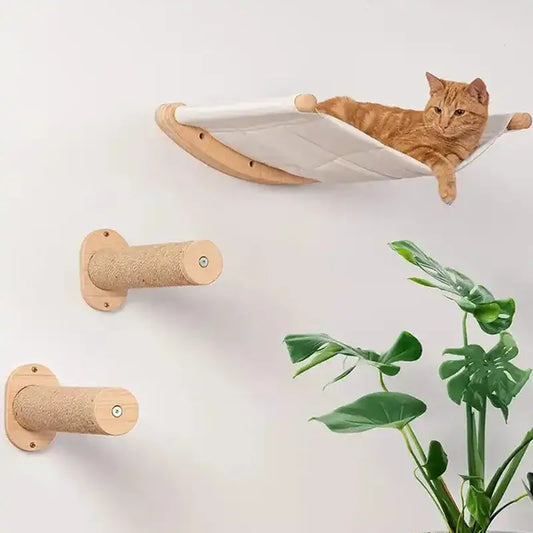 Cat lounging on a wall-mounted hammock with sisal scratching posts and greenery in a cozy home setting.