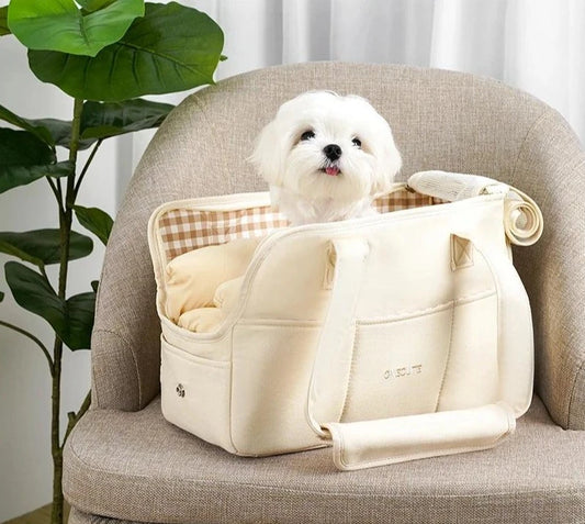 White dog in Comfort Pet Carrier Bag on a chair with green plant in the background - littlepawgive