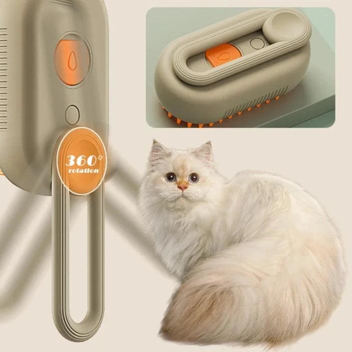 Steam Brush Pet - 3 In1 Spray Electric Brush grooming a fluffy cat featuring a sleek design and 360° rotation for effective pet care littlepawgive