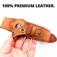 Load image into Gallery viewer, Heavy-duty leather dog collar with Airtag holder for ultimate pet safety, premium leather construction, held by a hand with text "100% Premium Leather"
