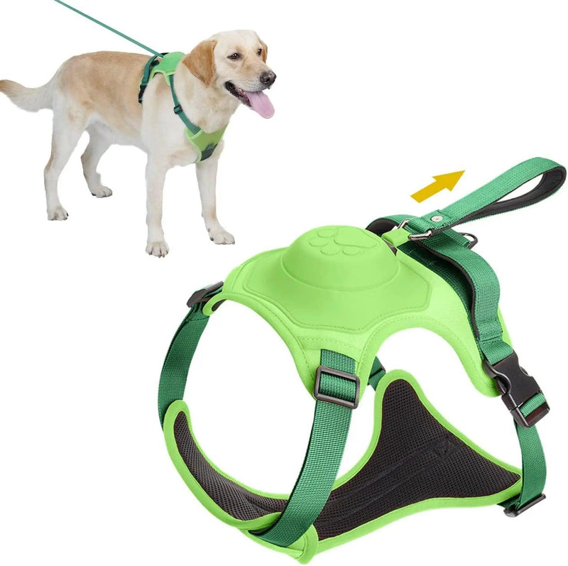 Anti-Burst Impact Harness and Retractable Leash Set on a happy dog showcasing green harness designed for tangle-free-Littlepawgive