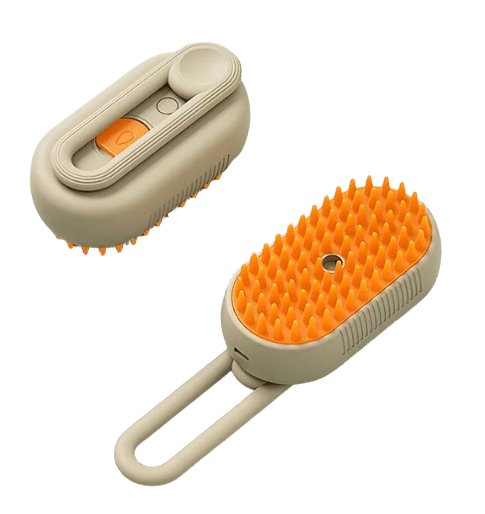 Steam Brush Pet 3 in 1 Spray Electric Brush for grooming pets by LittlePawGive showing devices orange bristles and control buttons