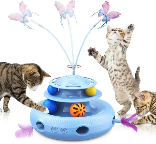 Cat Toys,4-in-1 Rechargeable Automatic Interactive Cat Toy Fluttering Butterfly,Random Moving Ambush Feather,Two-Tier Track Ball