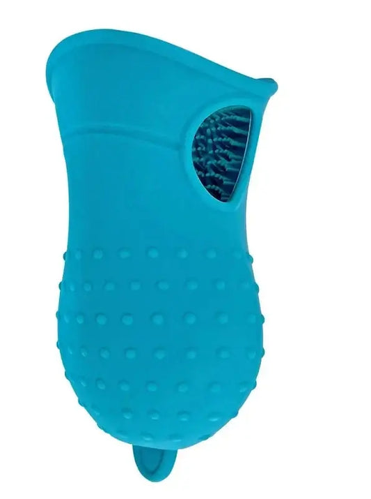 2-in-1 Dog Paw Cleaner and Grooming Brush in vibrant blue color, designed for easy pet cleaning and grooming.