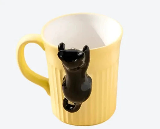 Yellow ceramic mug with a cute black cat design perfect gift for cat lovers-Littlepawgive