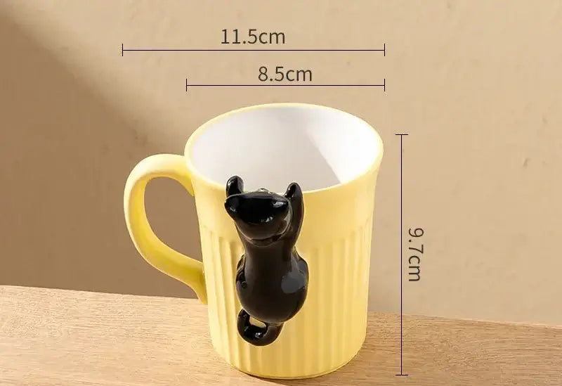 Yellow ceramic mug with a cute black cat design perfect gift for cat lovers-Littlepawgive