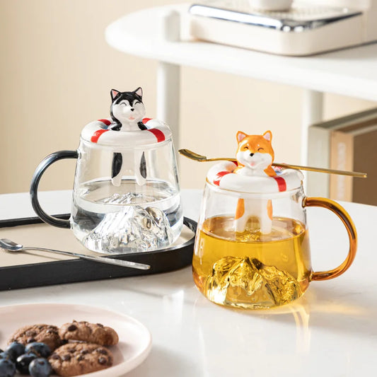 Adorable Shiba Inu Husky Glass Mug with Lid & Spoon