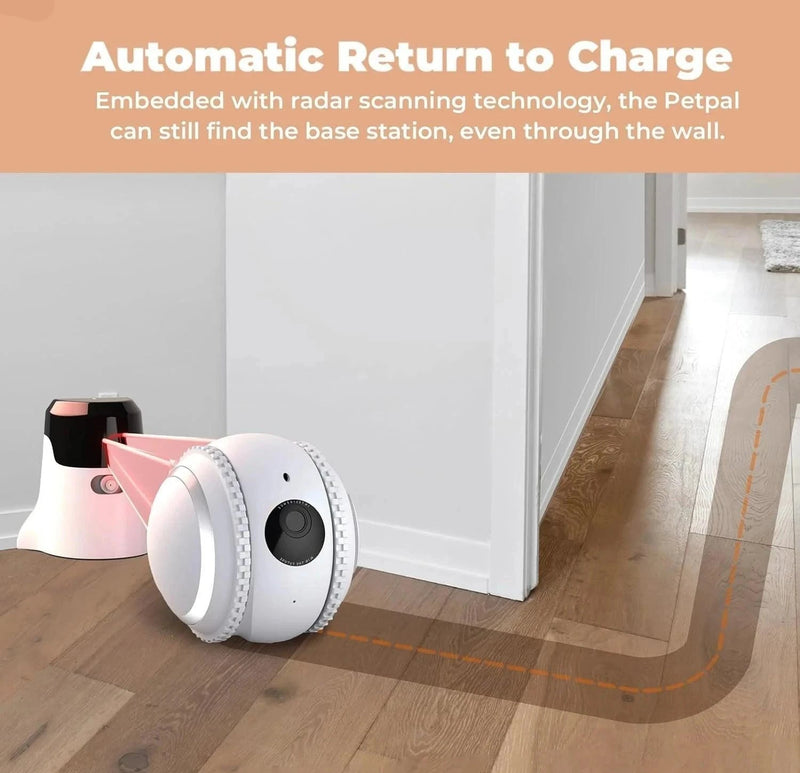 Movable Smart 4K Pet Robot Camera returning to charge with radar scanning featuring automated docking and LittlePawGive technology