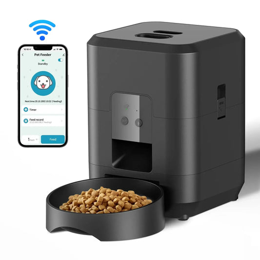 Smart pet feeder with smartphone app, automated feeding system for cats and dogs, convenient and efficient pet care solution.