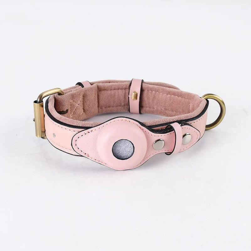 Pink heavy-duty leather dog collar with Airtag holder for ultimate pet safety and durability