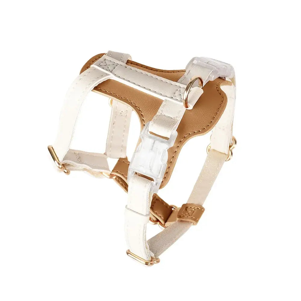 Anti-Lost cat leather harness in cream with adjustable straps and secure buckles for pet safety and comfort.