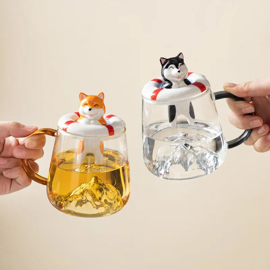 Adorable Shiba Inu Husky Glass Mug with Lid & Spoon