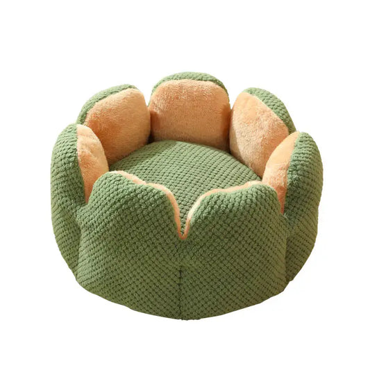 Cozy green cactus petal pet nest with soft fluffy walls, designed for pet comfort and warmth by Littlepawgive.