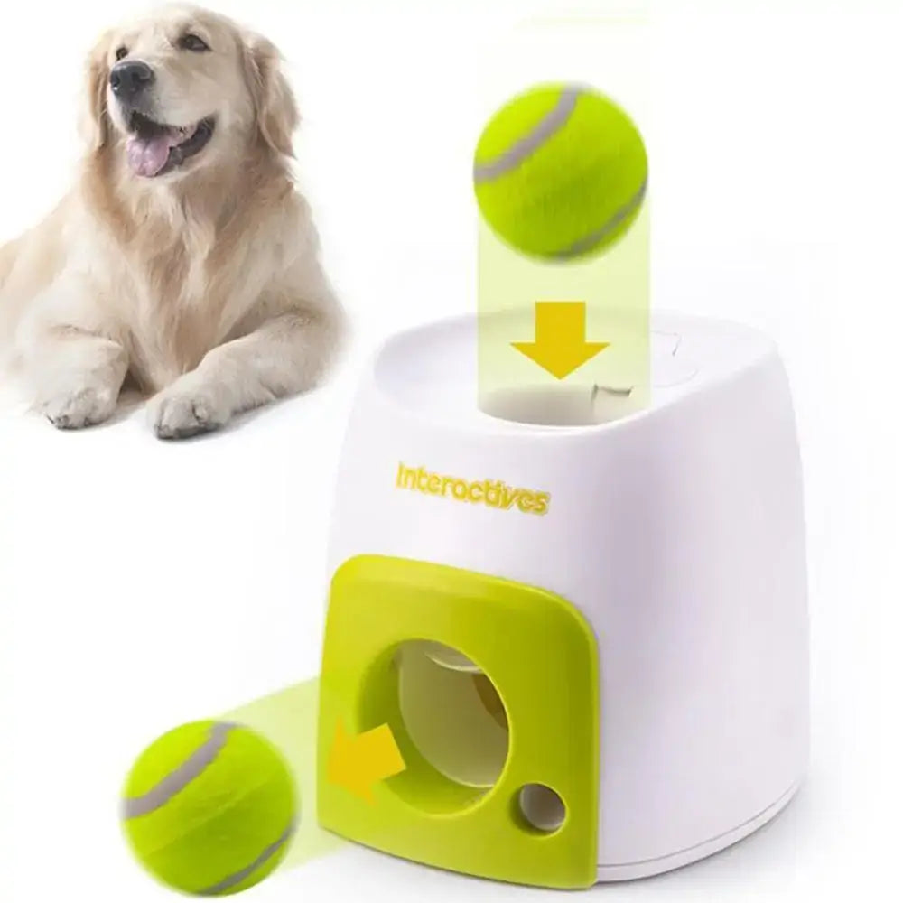 Automatic interactive pet toy ball launcher with green tennis ball, perfect for keeping dogs entertained and active.